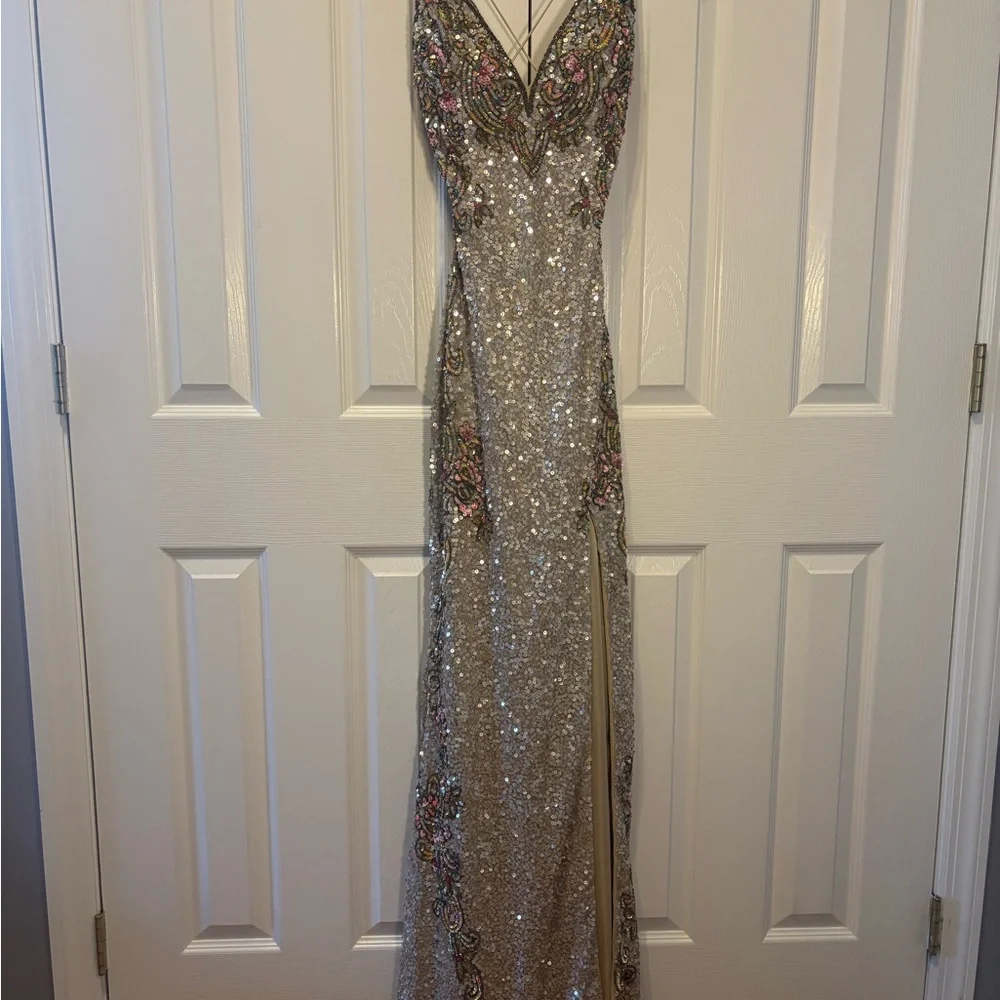 Primavera Couture Silver and Pink Sequin Gown - Picture 4 of 9